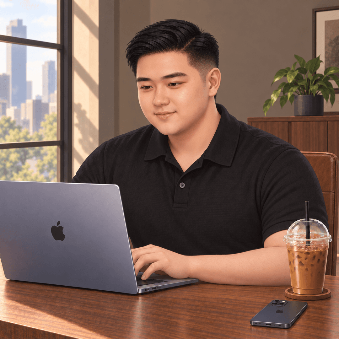 Illustration of Royce working at a laptop